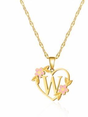 Stainless Steel Gold Initial W Heart Pendant Necklace with Pink Flowers - W